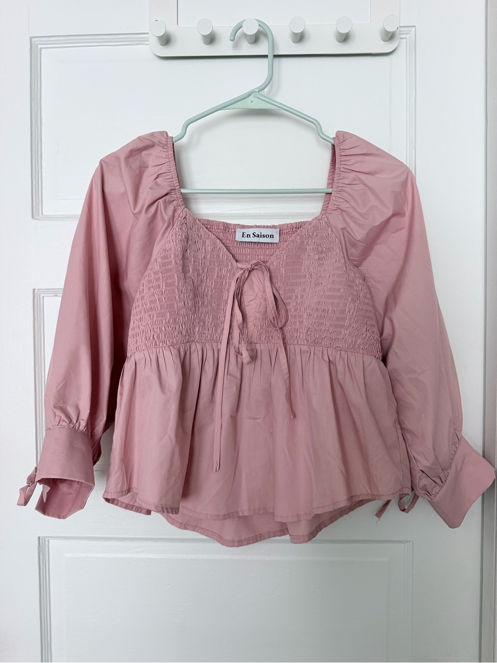 En Saison Dusty Rose Smocked Peplum Top with Tie Neck